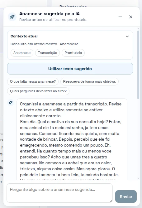 Assistente do Sigma Vet sugerindo organização de anamnese a partir de informações do atendimento.